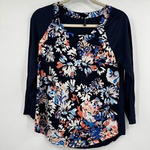 NYDJ Womens XS Floral Raglan Mixed Media Top Navy Blue Coral Long Sleeve Blouse